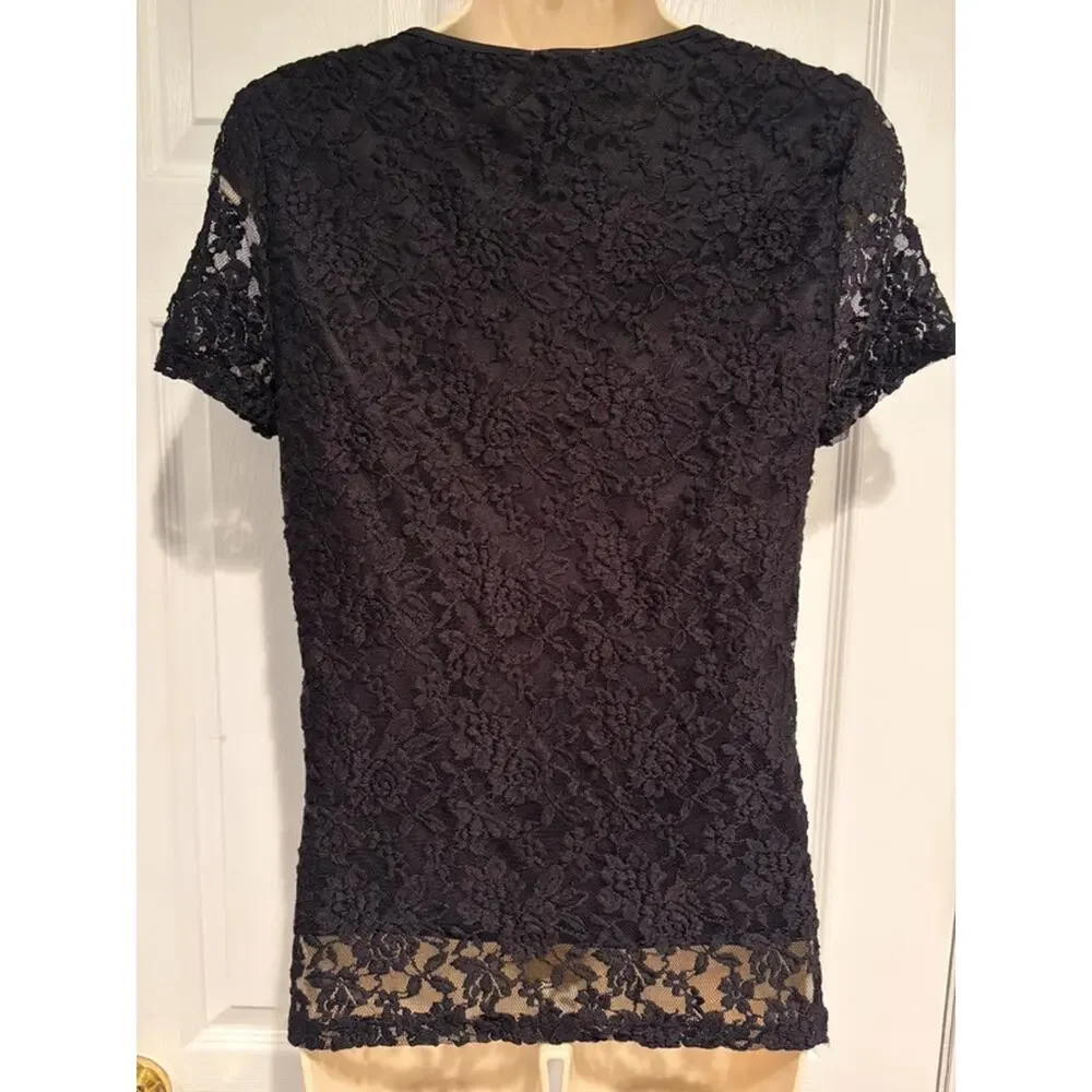 NWT Carmen Marc Valvo Black Lace Top Medium Sheer Floral Cocktail Party Chic - Picture 6 of 11